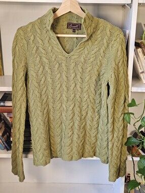 Vintage Women's Chatreuse Green Cable Knit V-Neck Sweater Cotton Blend Medium